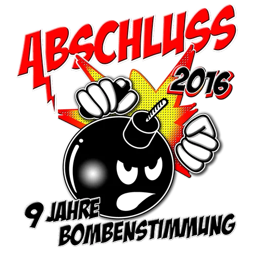 Graues T-Shirt-Design mit einer Bombe, Text 'Abschluss 2016' und '9 Jahre Bombenstimmung'.