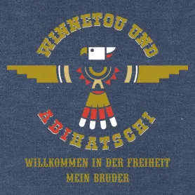 Grafik eines animierten Charakters in traditioneller Kleidung mit Text "Winnetou und Abihaschi, Willkommen in der Freiheit Mein Bruder".
