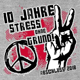 Hand zeigt Peace-Zeichen auf grauem Hintergrund mit Text "10 Jahre Stress ohne Grund!" und Datum 2018.