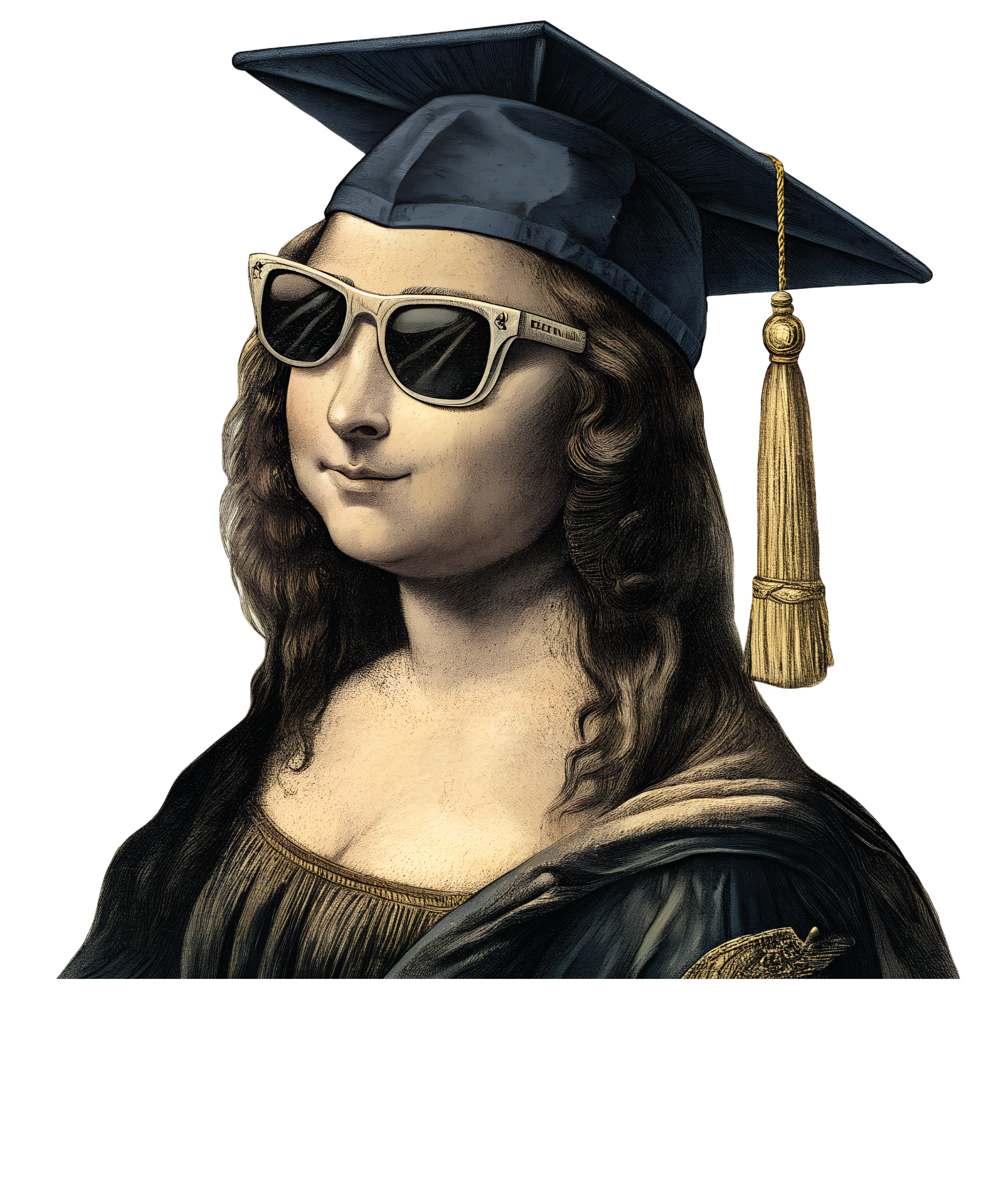 Mona Lisa trägt eine Sonnenbrille und eine dunkelblaue Abschlussmütze darüber steht der Schriftzug ABI 202X und ein Symbol aus drei verschränkten Ringen