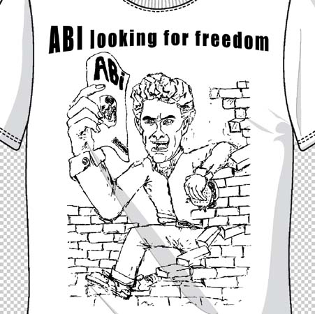 Illustration eines Mannes mit ABI-Schild vor einer Mauer auf einem T-Shirt.