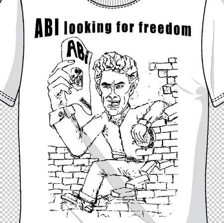 Illustration eines Mannes mit ABI-Schild vor einer Mauer auf einem T-Shirt.
