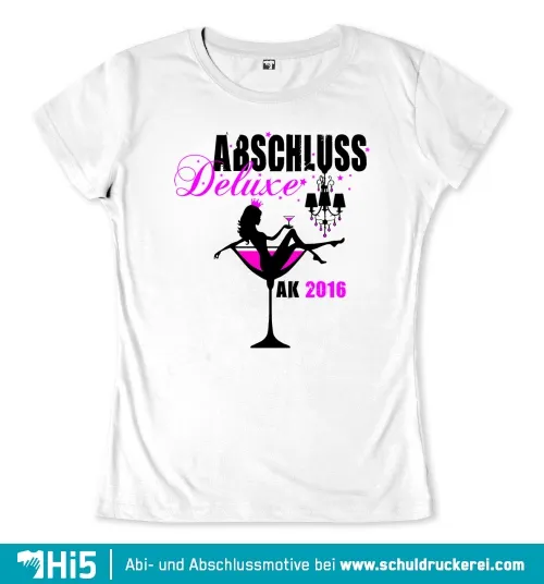 Grafik mit Silhouette einer sitzenden Frau, die ein Cocktailglas hält, Text "Abschluss Deluxe AK 2016" und Kronleuchter darüber.