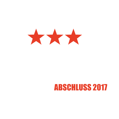 Schwarzes T-Shirt-Design mit "F*** I'M FERTIG ABSCHLUSS 2017" und fünf roten Sternen.
