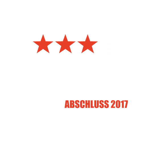 Schwarzes T-Shirt-Design mit "F*** I'M FERTIG ABSCHLUSS 2017" und fünf roten Sternen.