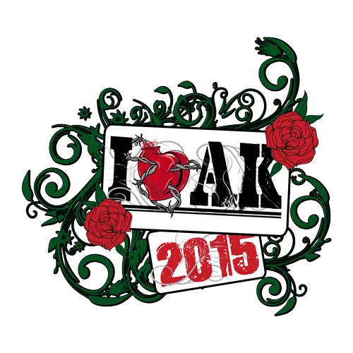 Plakat mit der Aufschrift "BAK 2015", umgeben von roten Rosen und Ranken auf grünem Hintergrund.