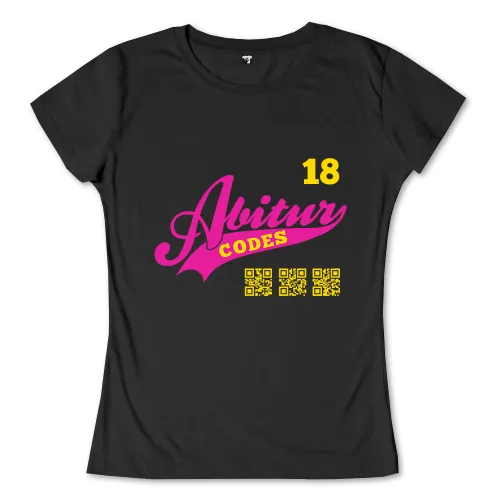 Schwarzes T-Shirt mit der Aufschrift "18 Abitur", rosa Schriftzug und drei QR-Codes darunter.