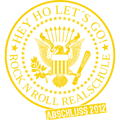 Grafik mit Adler, Gitarre, Sternen und Text "Hey Ho Let's Go Rock N Roll Realschule Abschluss 2012" auf burgunderrotem Hintergrund.