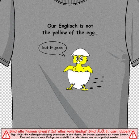 Graues T-Shirt mit Comic-Küken und lustigem englischem Text.