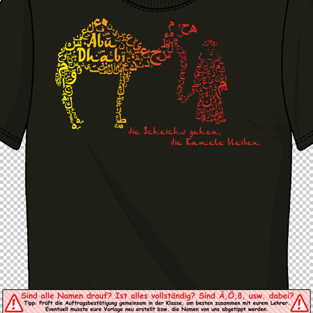 Schwarzes T-Shirt mit einem Kamel, geformt aus roter und gelber Schrift.
