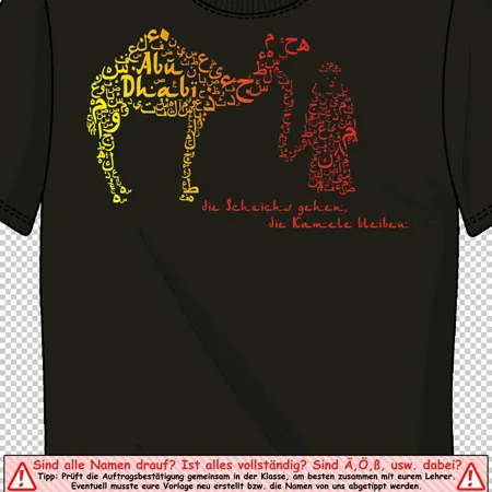 Schwarzes T-Shirt mit einem Kamel, geformt aus roter und gelber Schrift.
