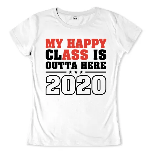 Grafik auf einem T-Shirt mit Text "MY HAPPY CLASS IS OUTTA HERE 2020" und Sternen.