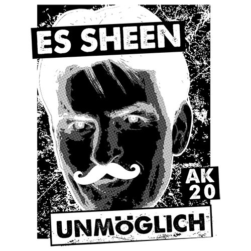 Schwarzes und weißes Porträt eines Mannes mit Schnurrbart, umgeben von Text und der Zahl 20.