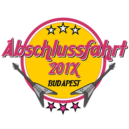 Grafik für eine Abschlussfahrt nach Budapest 201X mit Gitarren und Sternen auf grauem Hintergrund.
