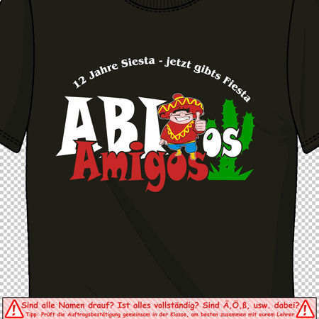 Schwarzes T-Shirt mit der Aufschrift "ABI Amigos" und einem Cartoon-Sombrero.