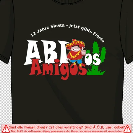 Schwarzes T-Shirt mit der Aufschrift "ABI Amigos" und einem Cartoon-Sombrero.