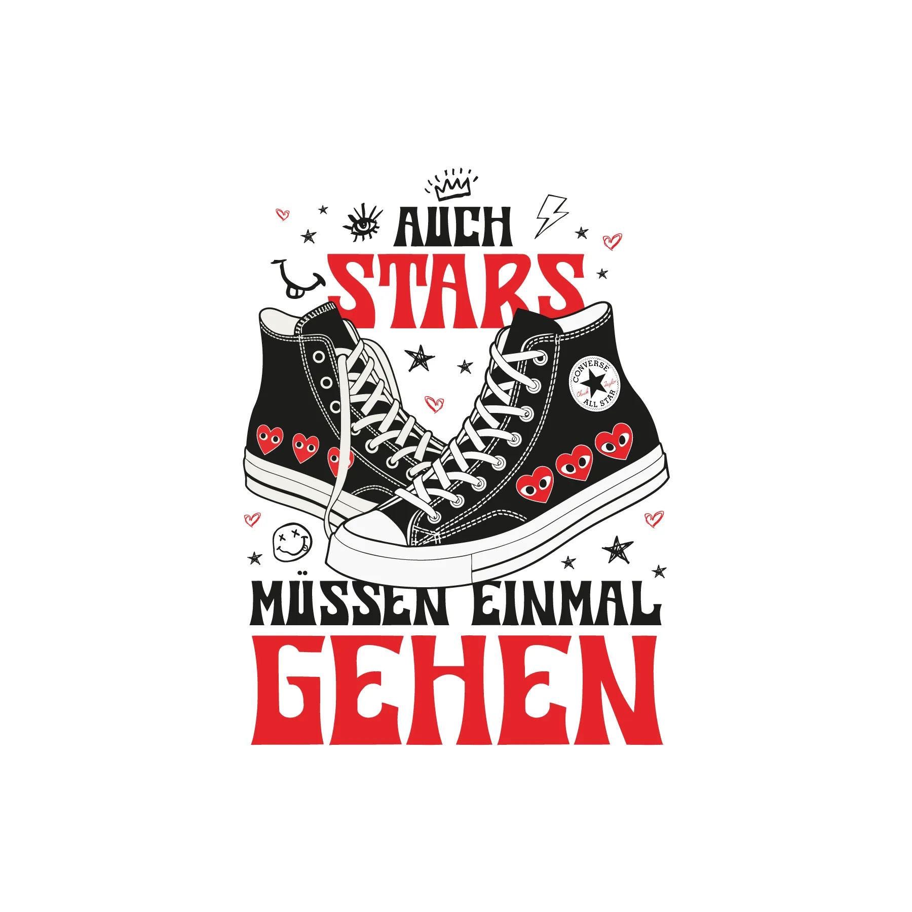 Zwei schwarze hohe Sneaker mit roten Herzmotiven umgeben von Sternskizzen darunter deutscher Schriftzug Auch Stars muessen einmal gehen