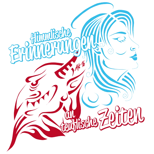 Grafische Darstellung einer Frau mit blauen und roten Mustern und Text "Himmlische Erinnerungen an teuflische Zeiten".
