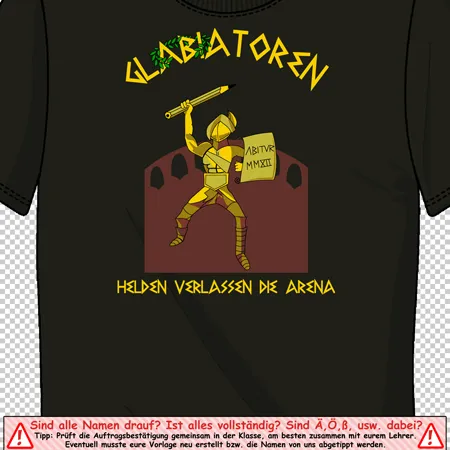 Grafik eines Gladiators in gelber Rüstung mit Schwert auf einem dunklen T-Shirt, Text "Helden verlassen die Arena"
