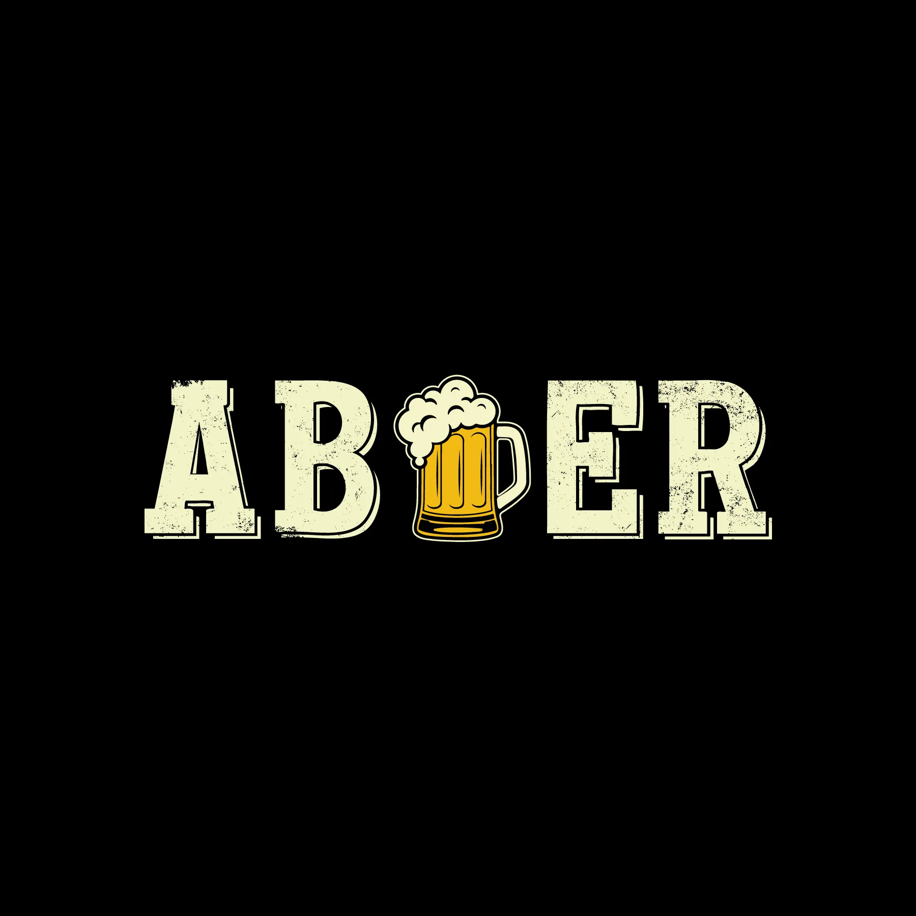 Cremefarbene Buchstaben A B gefolgt von einem Bierkrug mit Schaum und den Buchstaben E R auf schwarzem Hintergrund