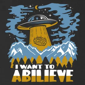 Grafik eines UFOs, das über schneebedeckten Bergen schwebt, mit dem Text "I WANT TO ABILIEVE".