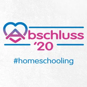 Grafik mit Text "Abschluss '20" und "homeschooling", Herz und Buchsymbol in Blau und Pink auf weißem Grund.