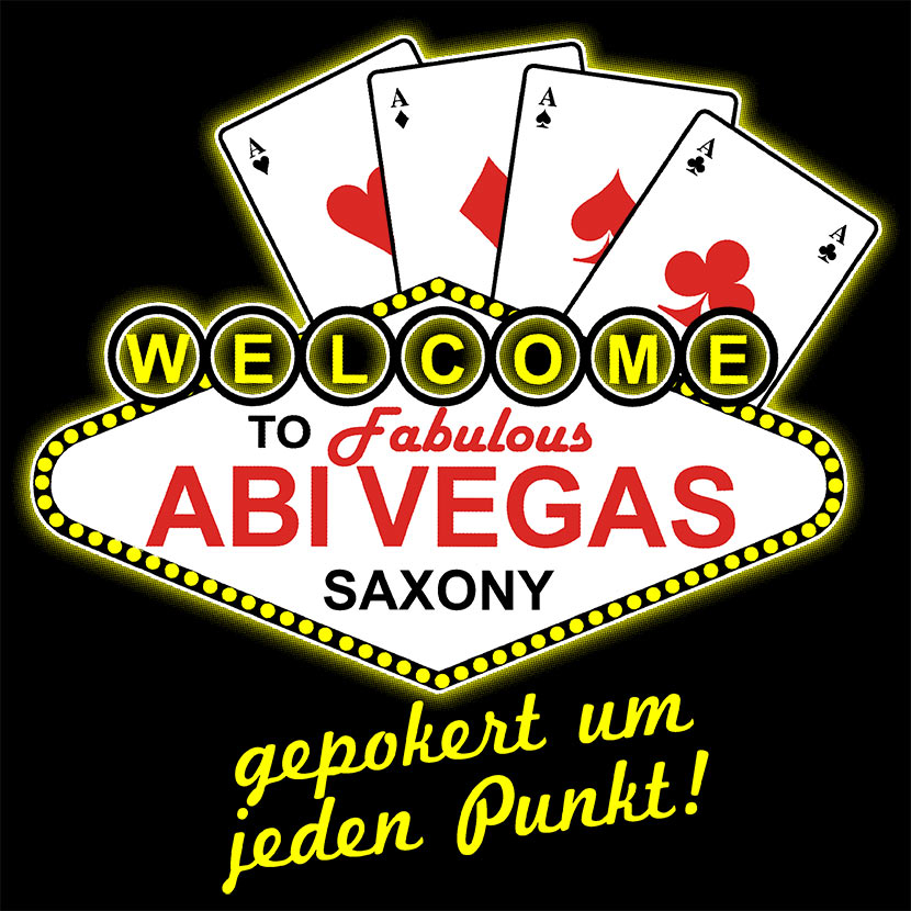 Grafik im Las-Vegas-Stil mit Spielkarten und Leuchtschrift "Welcome to fabulous ABIvegas Saxony".