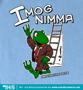Grafik eines Frosches in Anzug, der eine Leiter hält, mit Text "IMOG NIMMA ABSCHLUSS 2016".