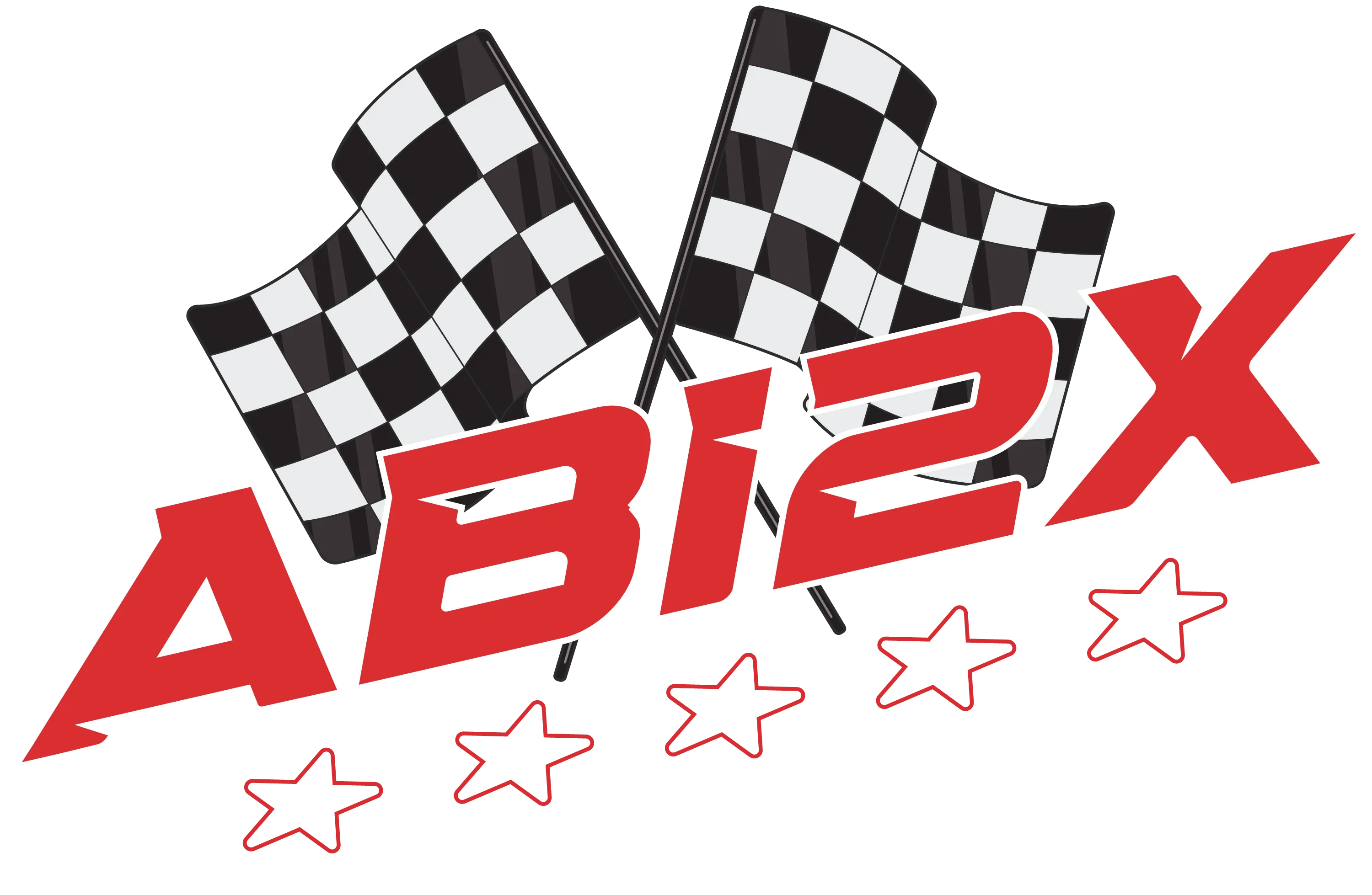 Logo mit zwei gekreuzten schwarz weissen Zielflaggen ueber rotem Schriftzug ABI2X und fuenf weissen Sternen darunter