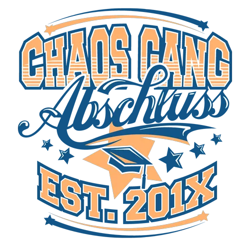 Grafik mit Text 'Chaos Gang Abschluss', Doktorhut und Sternen, 'EST. 201X'.