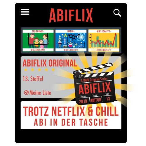 Tablet zeigt die App "Abiflix" mit verschiedenen Bildungsinhalten auf dem Bildschirm.