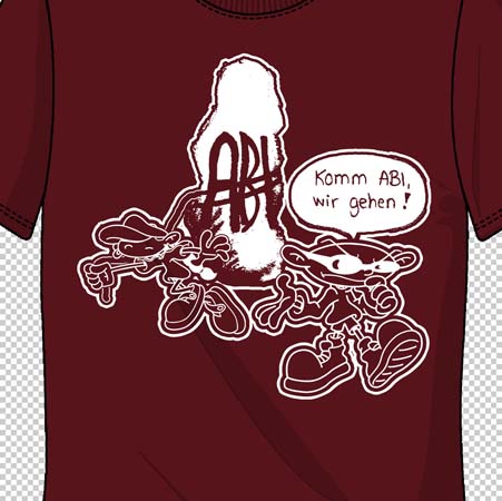 Rotes T-Shirt mit weißem Aufdruck eines Cartoon-Charakters und "ABI" Text, Spruch "Komm ABI, wir gehen!" in einer Sprechblase.