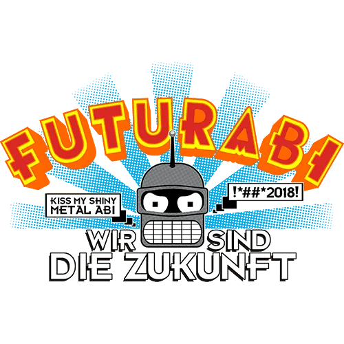 Comicartiges Roboter-Design auf blauem Hintergrund mit Schriftzug 'FUTURABI' und 'Wir sind die Zukunft'.