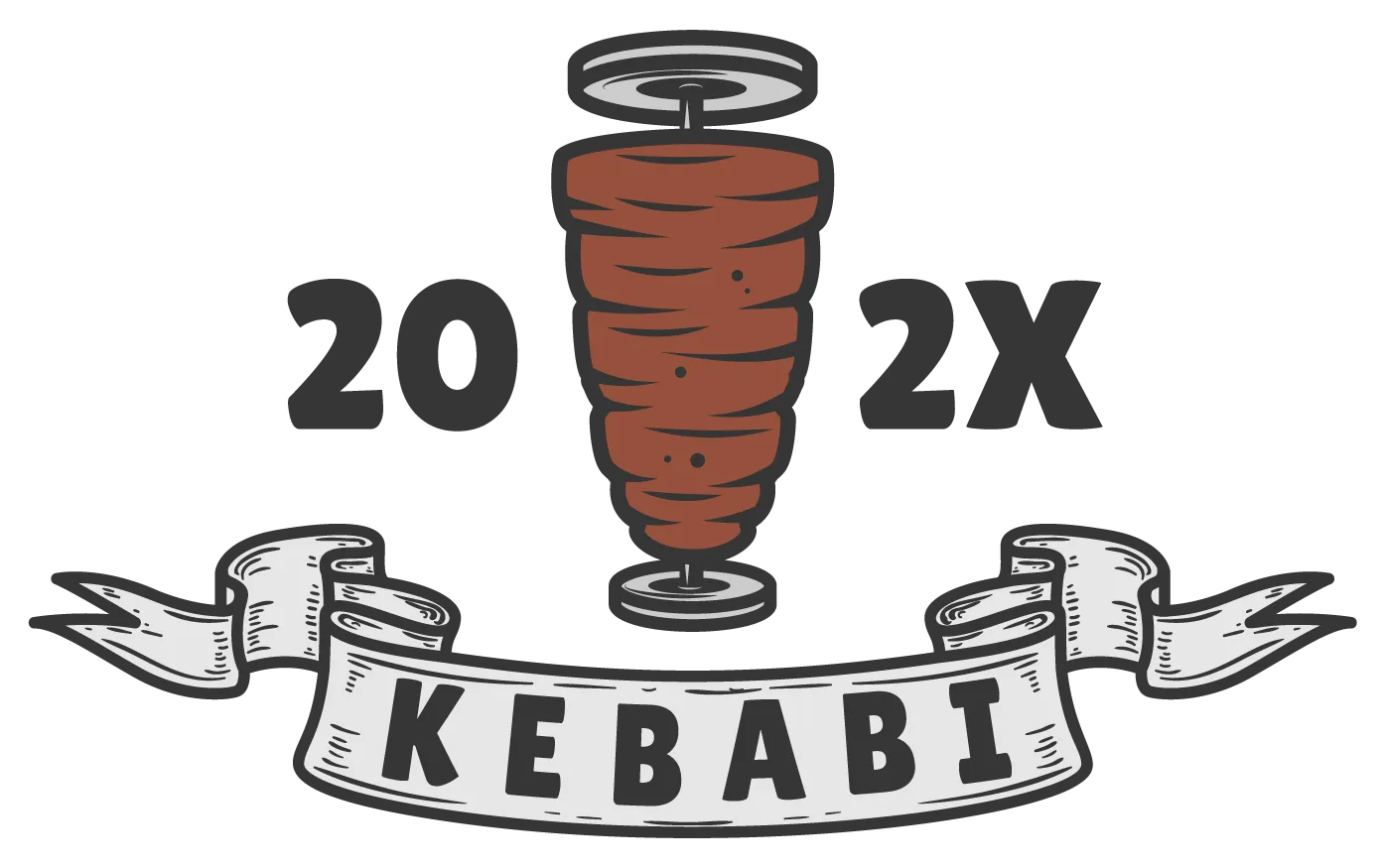 Illustration eines vertikalen Doenerfleischspindels zwischen den Buchstaben ZO und ZX mit einem Banner darunter mit der Aufschrift KEBABI