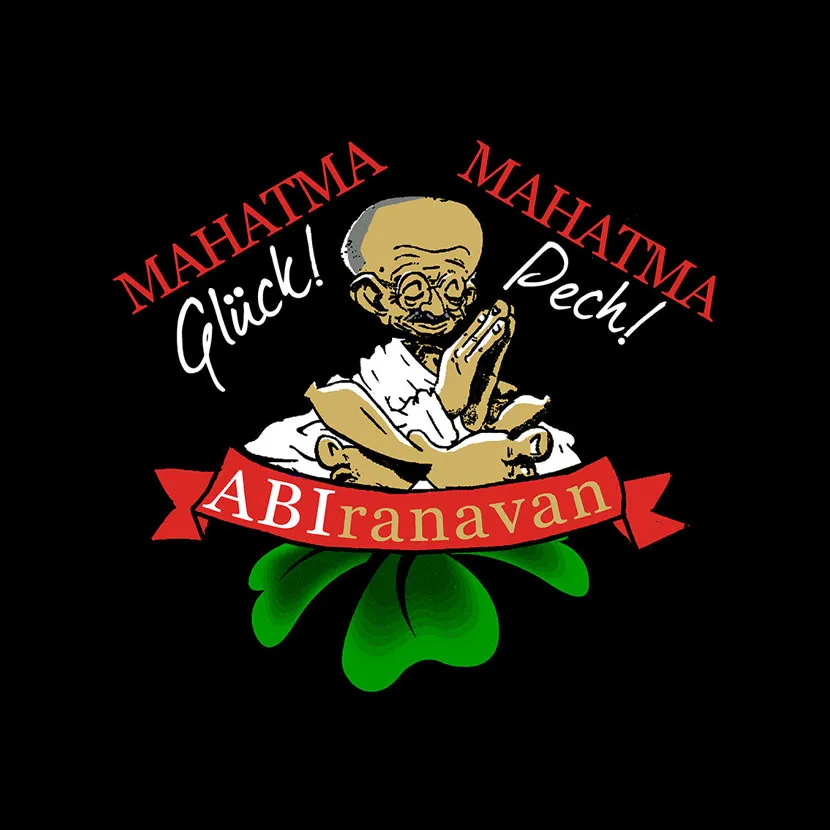 Illustration von Mahatma Gandhi, rot-grünes Banner mit Text 'ABIranavan', schwarzer Hintergrund.