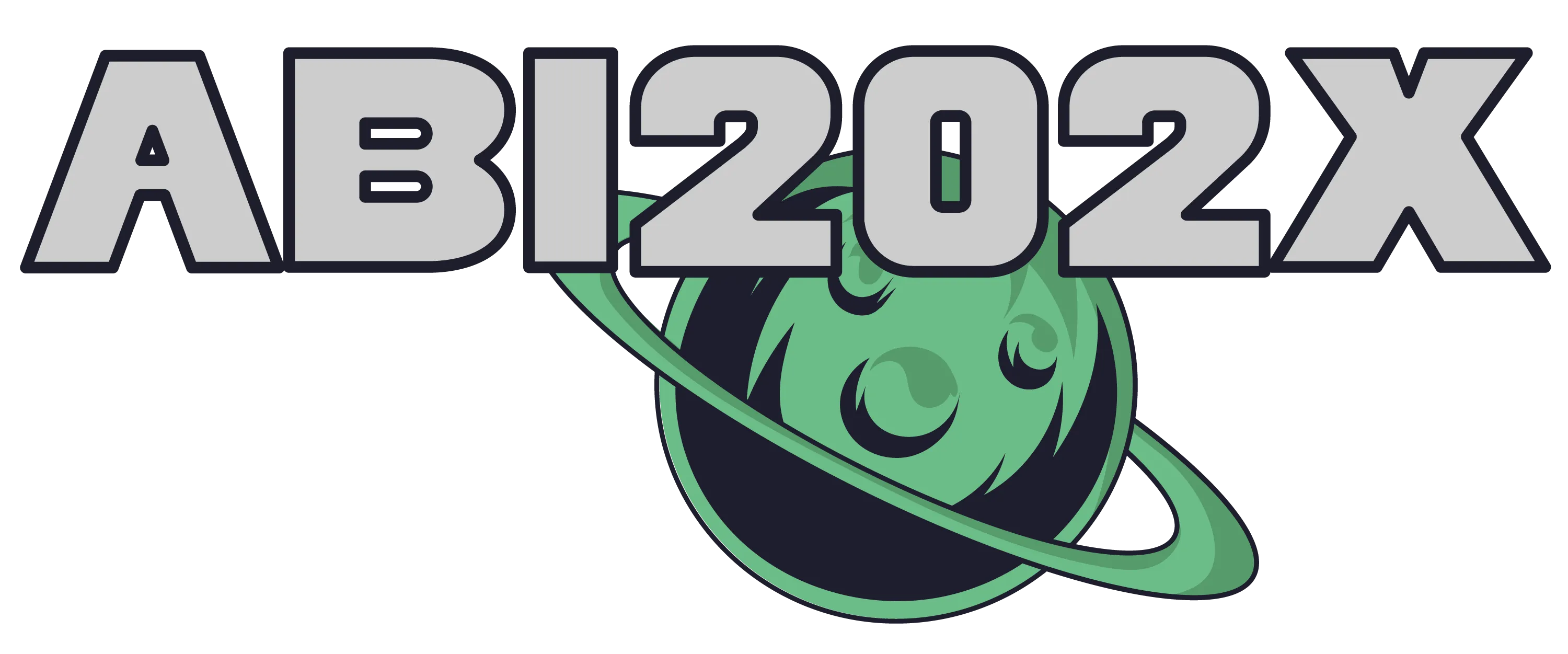 Grauer Schriftzug ABI202X über grünem stilisierten Planeten mit Ringen und Sternen auf schwarzem Hintergrund