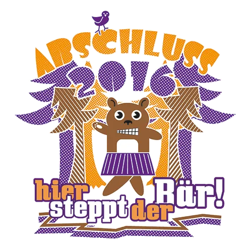 Grafik auf einem T-Shirt mit einem Monster, das 2016 feiert, umgeben von graphischen Elementen und Text.