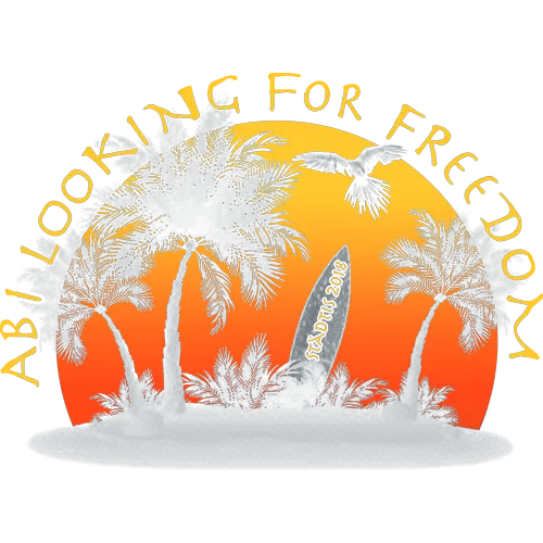 Sonnenuntergang mit Palmen und Vogel im Kreis, Text "ABI LOOKING FOR FREEDOM ABI 2018".