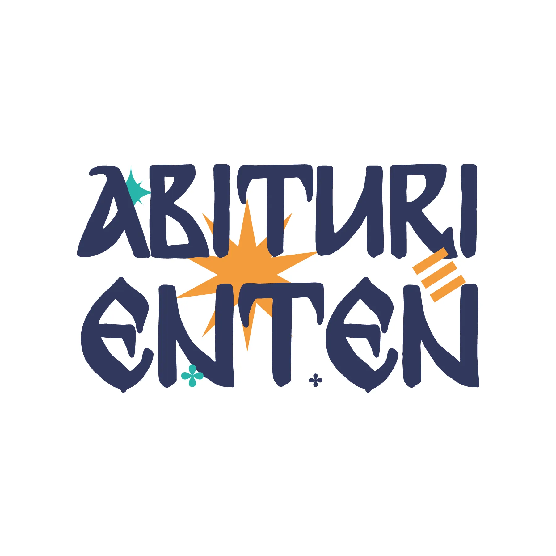 Zweizeiliger Schriftzug ABITURIENTEN in dunklem Blau mit orangefarbenem Stern im Hintergrund und kleinen türkisen Dekorsymbolen