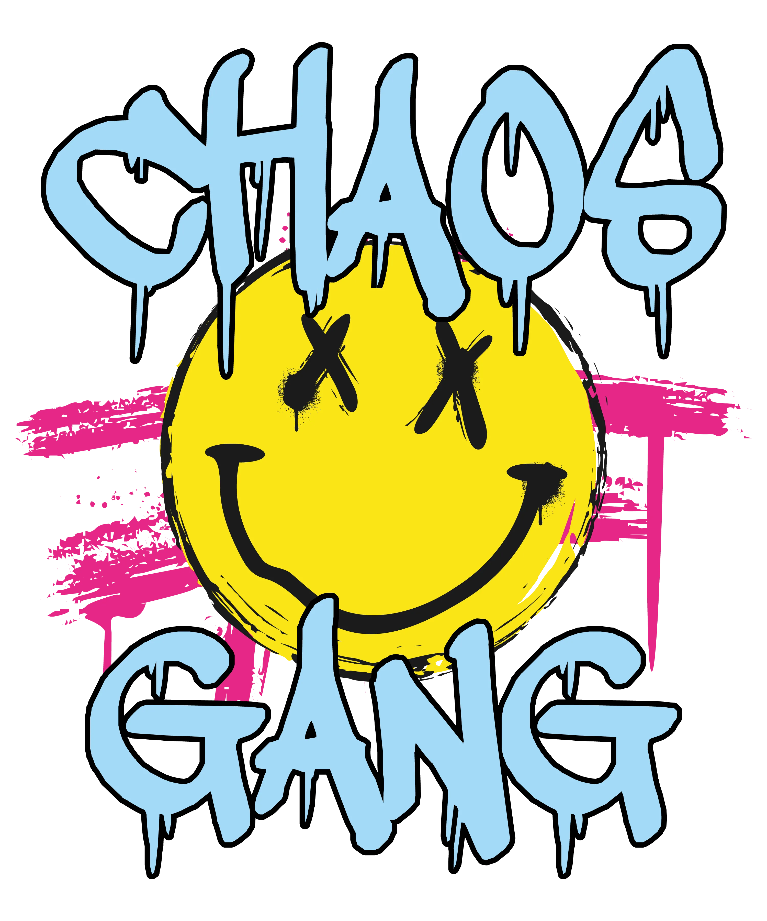 Schwarzer Hintergrund hellblaue Graffiti Schrift Chaos oben und Gang unten gelbes Smiley mit schwarzen X Augen und schwarzem Mund rosa Pinselstriche