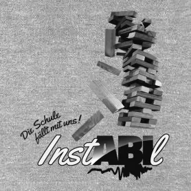 Monochrome Grafik eines wackelnden Jenga-Turms mit dem Wort "Instabil".