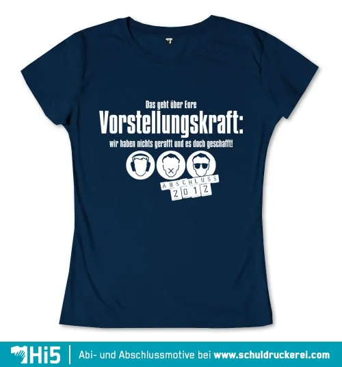 Dunkelblaues T-Shirt mit weißem Text und drei Symbolen, "Abschluss 2012" steht unten.