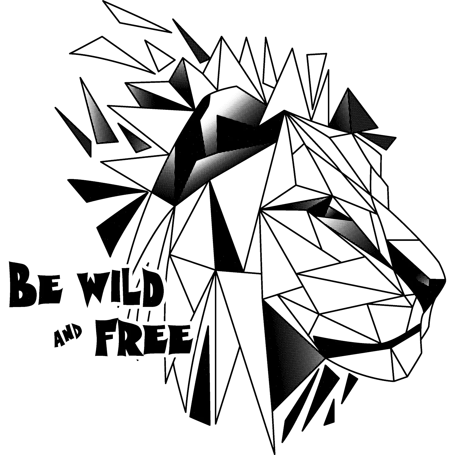 geometrischer_loewenkopf_und_slogan Be Wild and Free Löwe design