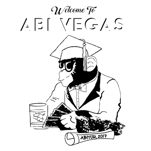 Illustration eines Affen als Absolvent mit Karten und Chips, "Welcome to ABIT Vegas" Text.