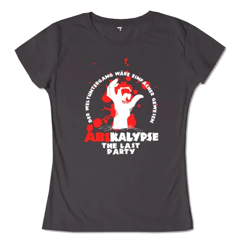 Rote Spritzer und Text um eine grafische Hand auf dunklem Hintergrund, 'Abikalypse The Last Party'.