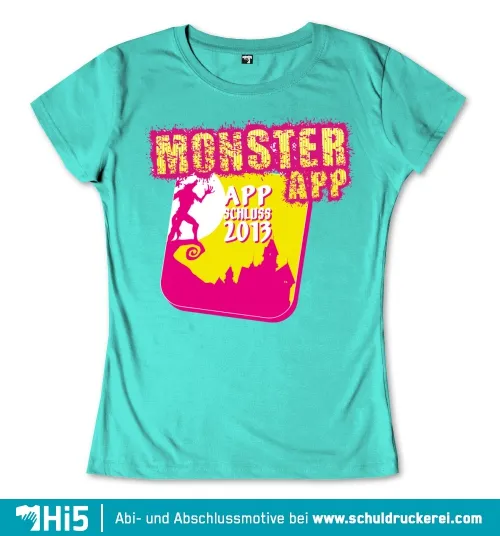 Buntes Plakat mit dem Text 'Monster App Schluss 2013' und einer Silhouette, die aus einer Smartphone-Grafik herausragt.