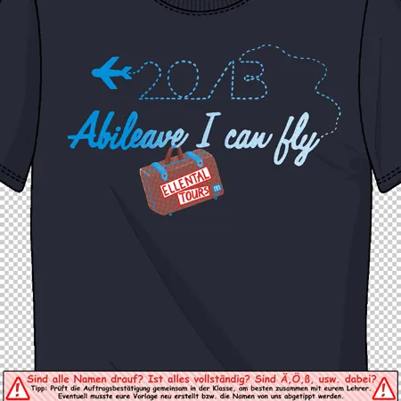 Schwarzes T-Shirt mit Aufdruck '2015 Abileave I can fly' und einer grafischen Reiseroute.