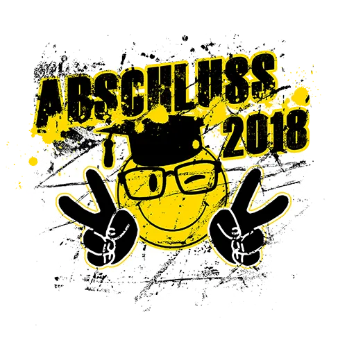 Gelbes Smiley-Gesicht mit Doktorhut und Peace-Zeichen auf grünem Hintergrund, Text 'Abschluss 2018'.
