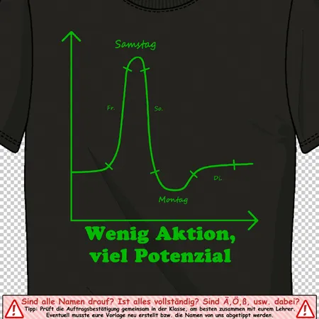 Schwarzes T-Shirt mit grüner Grafik, die eine Kurve zeigt, und Text "Wenig Aktion, viel Potenzial".