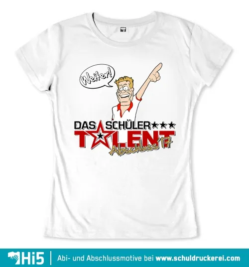 Comiczeichnung eines Mannes mit Brille, der nach rechts zeigt und "Weiter!" sagt, umgeben von Sternen und dem Text "DAS SCHÜLER TALENT ABSCHLUSS".